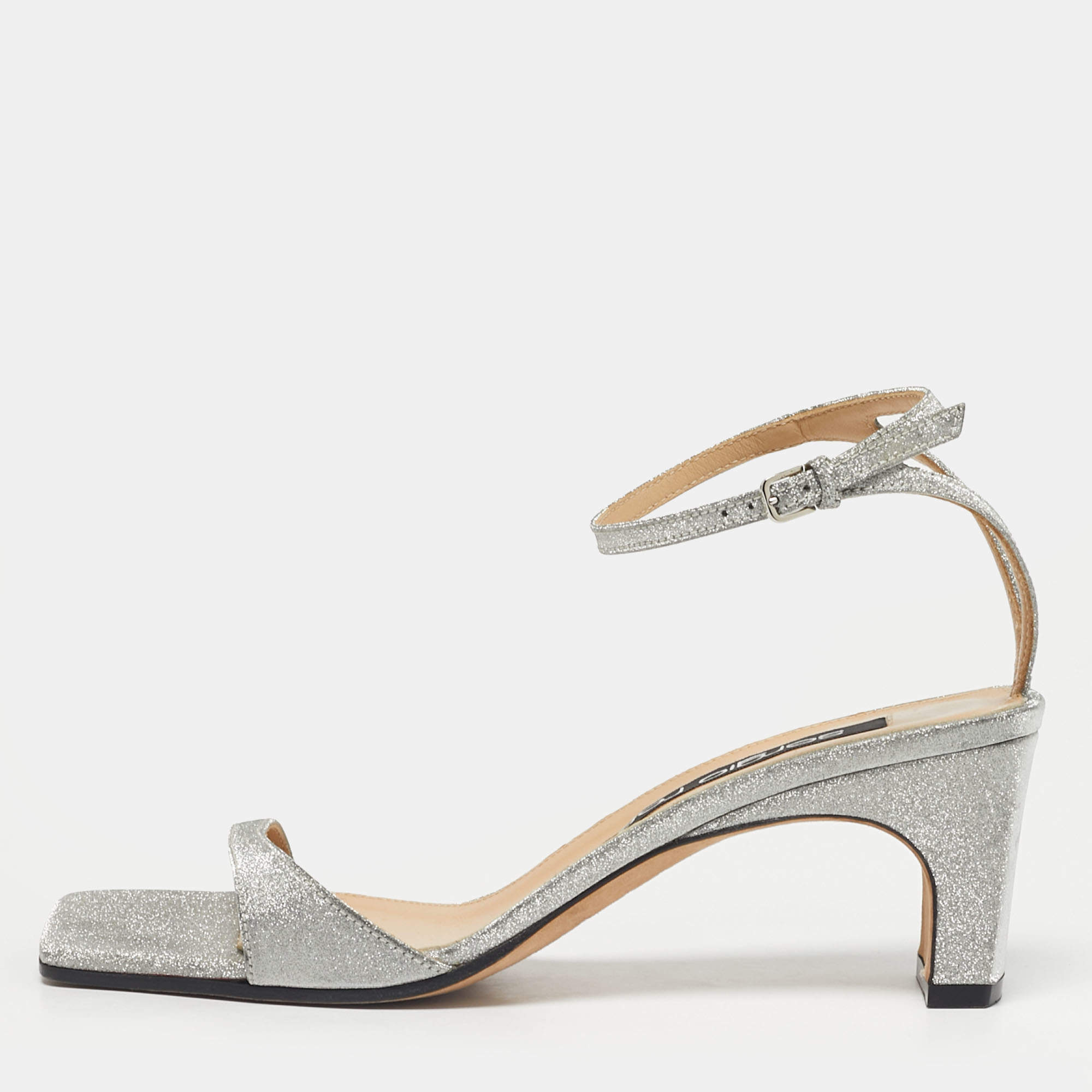 Pre Owned Sergio Rossi Silver Glitter Ankle Strap Sandals Size 37.5