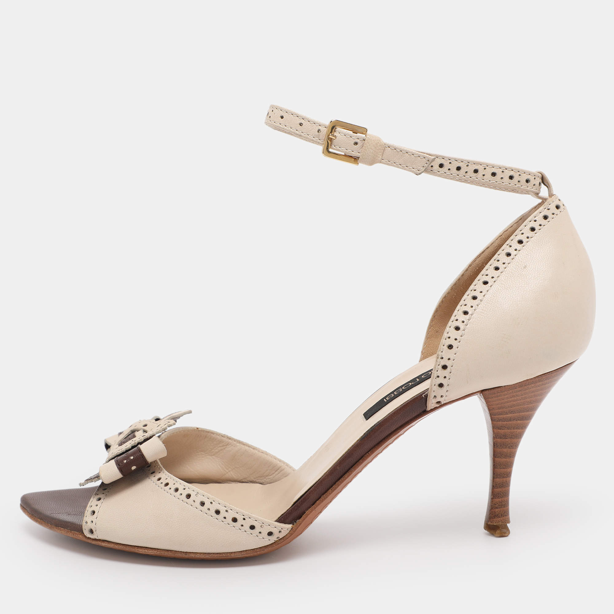 Pre Owned Sergio Rossi White/Brown Leather Bow Ankle Strap Sandals Size 36.5
