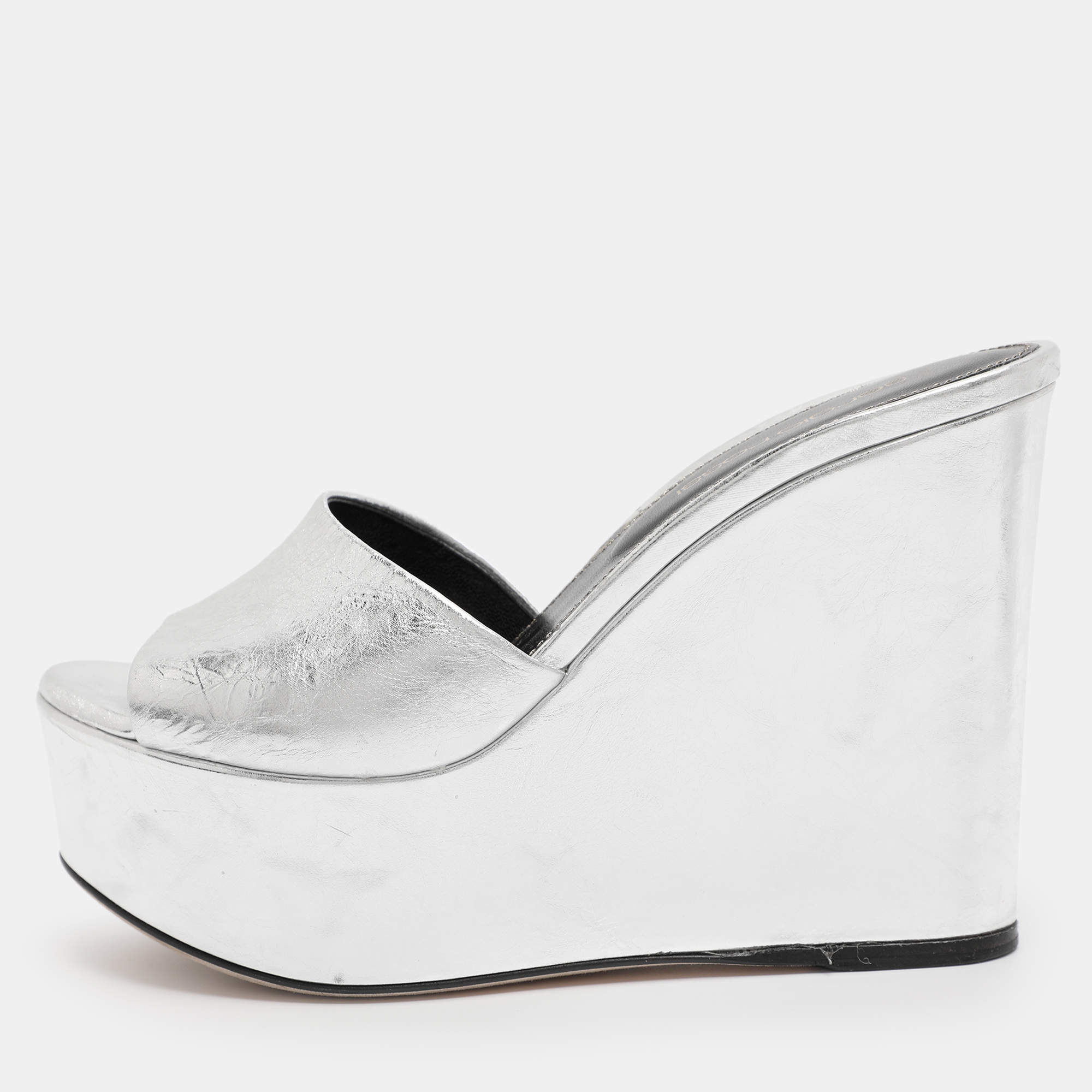 Pre Owned Sergio Rossi Silver Patent Leather Lakeesha Wedge Sandals Size 35