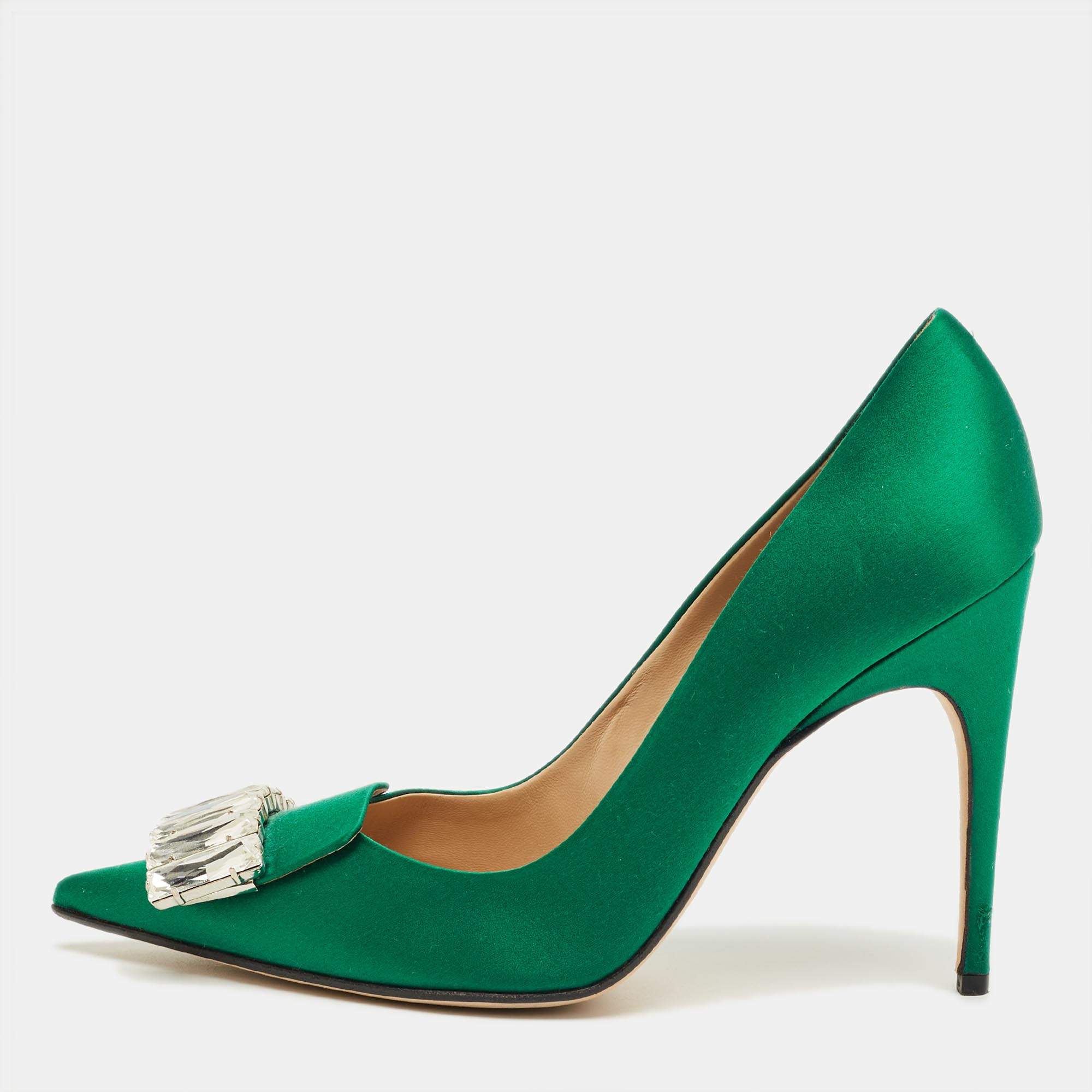 Pre Owned Sergio Rossi Green Satin Crystal Embellish Pointed Toe Pumps Size 40