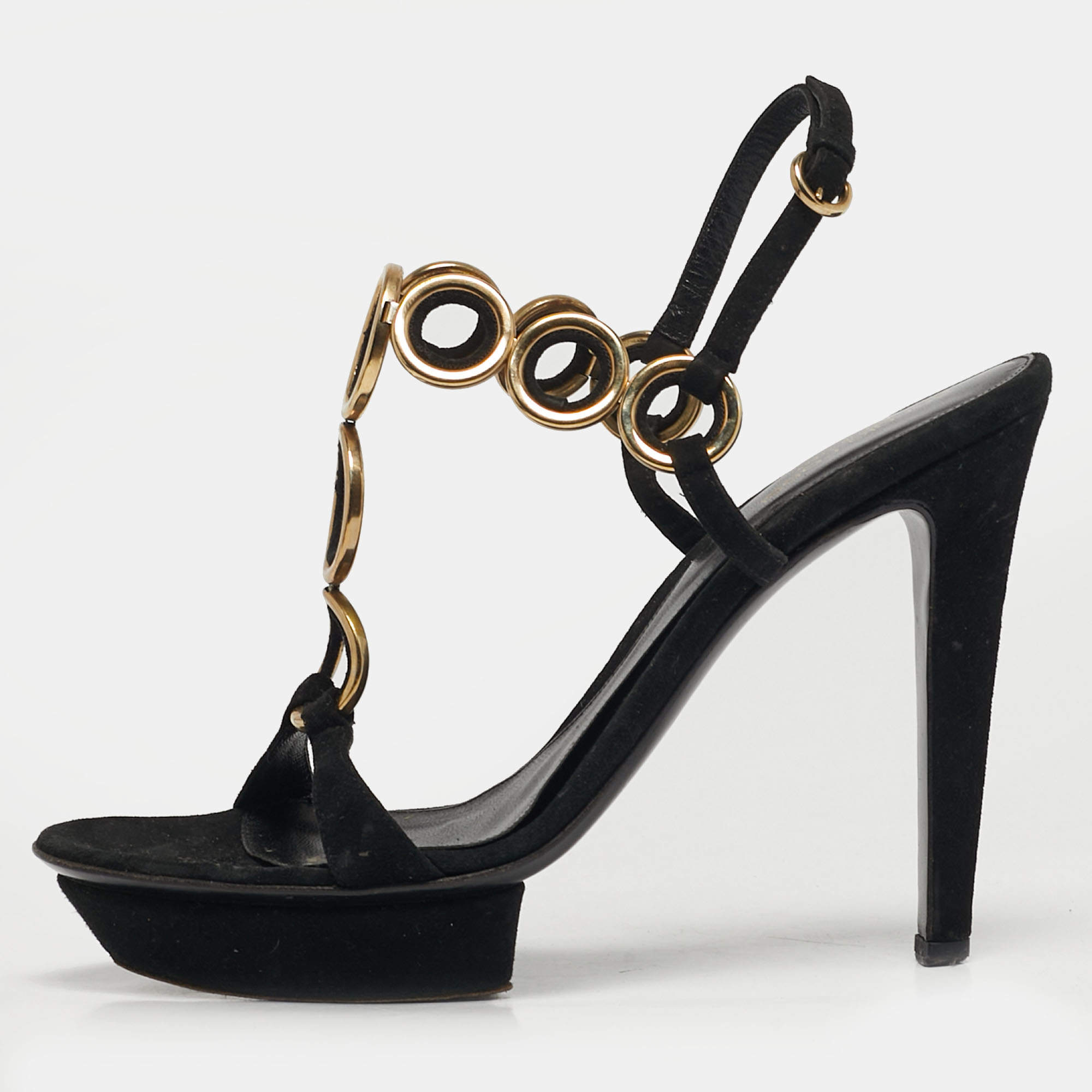 Pre Owned Sergio Rossi Size 40 Black/Gold Metal and T-Strap Platform Slingback Sandals