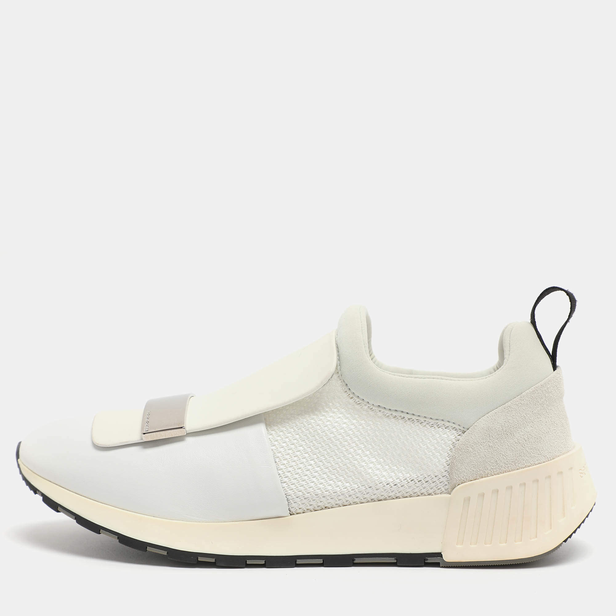 Pre Owned حذاء رياضي سيرجيو روسي SR1 جلد وشبك وشامواه أبيض بعنق منخفض مقاس 37