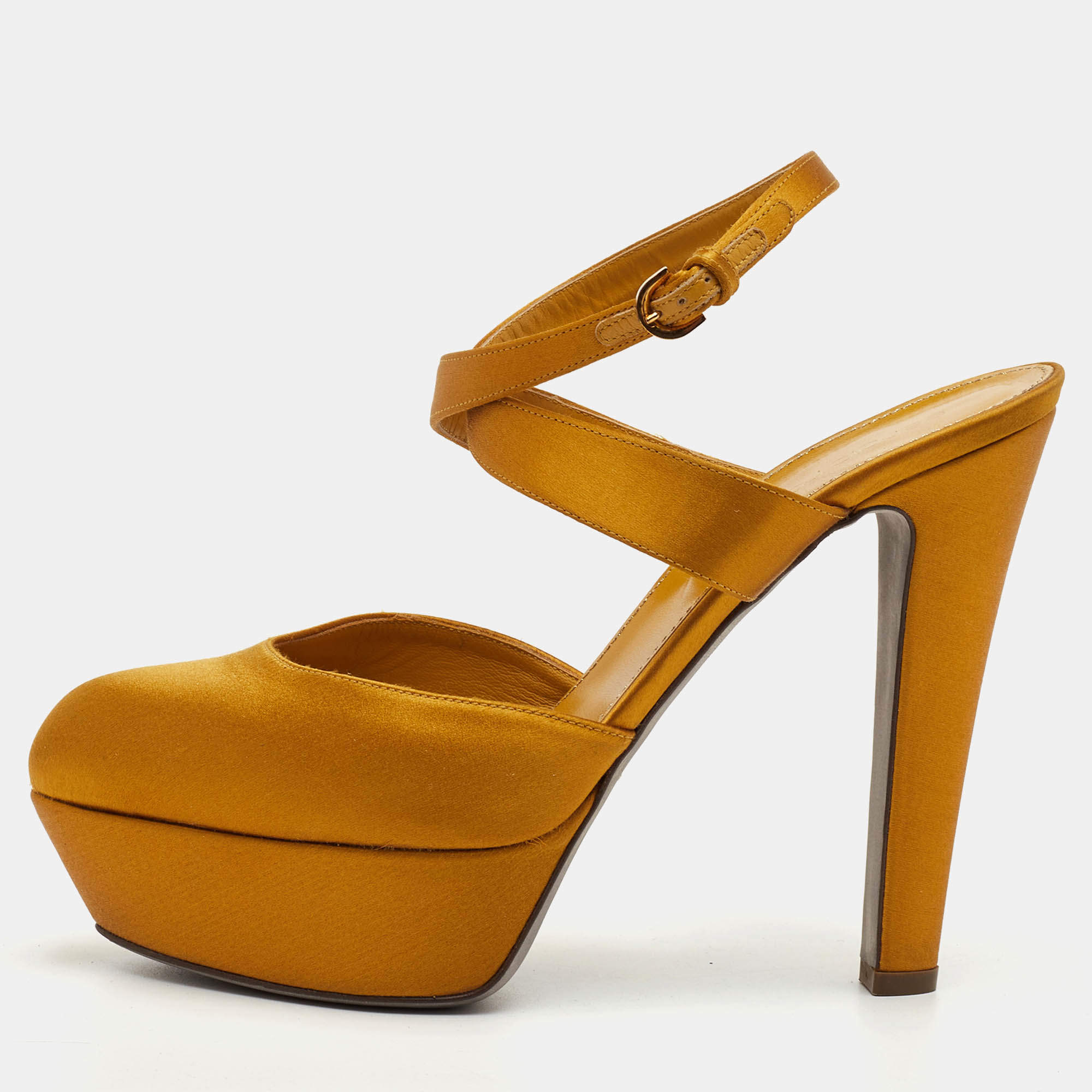 Pre Owned Sergio Rossi Size 37.5 Mustard Yellow Satin Ankle Strap Platform Sandals