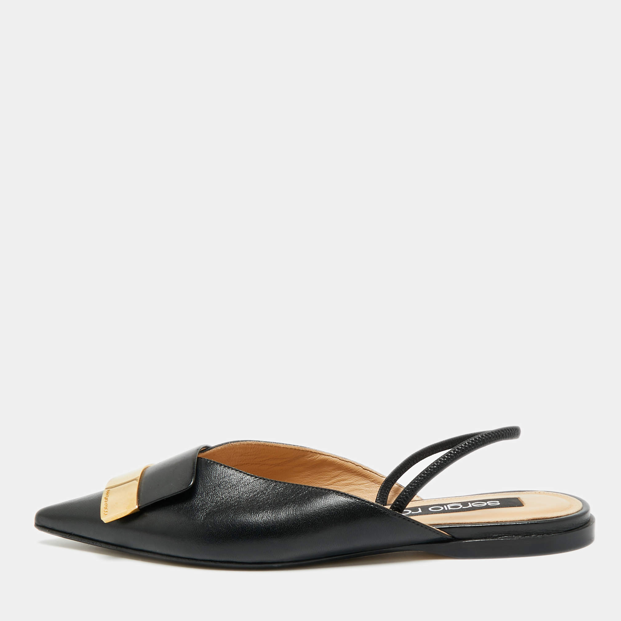 مملوكة مسبقًا Sergio Rossi SR1 Size 38 Black Leather Flat Mules