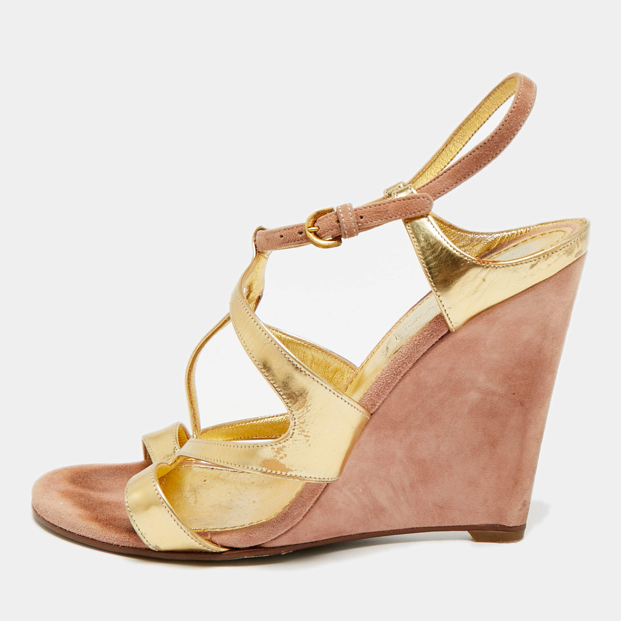 مملوكة مسبقًا Sergio Rossi Size 37.5 Gold/Beige Leather and Suede Wedge Sandals