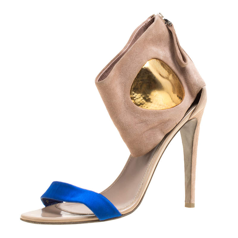 Sergio Rossi Beige Suede And Blue Satin Ankle Cuff Open Toe Sandals Size 39.5