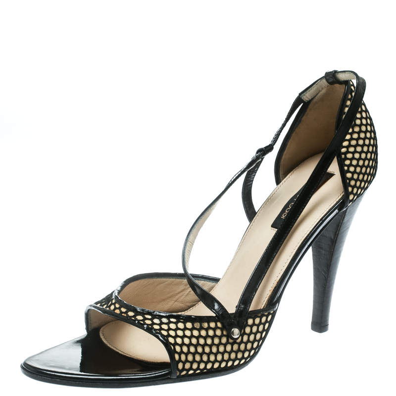 Pre Owned Sergio Rossi Black/Beige Leather And Mesh Strappy Sandals Size 40
