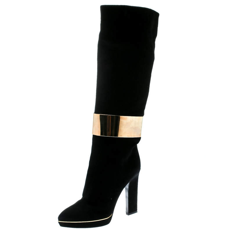 Pre Owned Sergio Rossi Black Suede Metal Cuff Boots Size 40.5