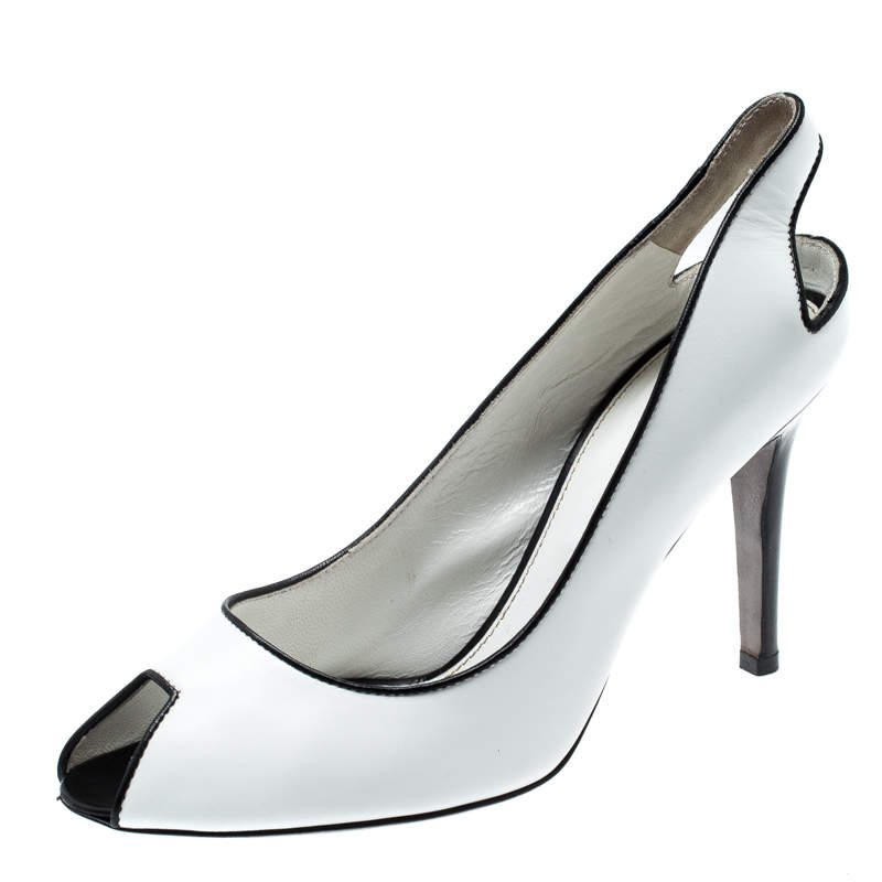 Pre Owned Sergio Rossi Monochrome Leather Peep Toe Slingback Sandals Size 38