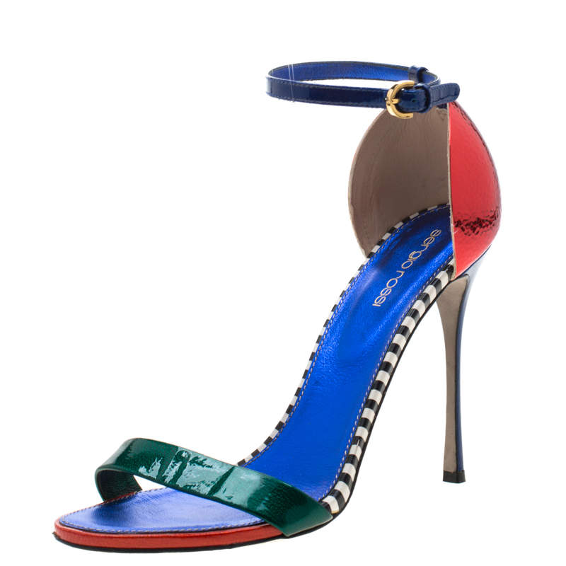 Sergio Rossi Multicolor Patent Leather Ankle Strap Open Toe Sandals Size 40