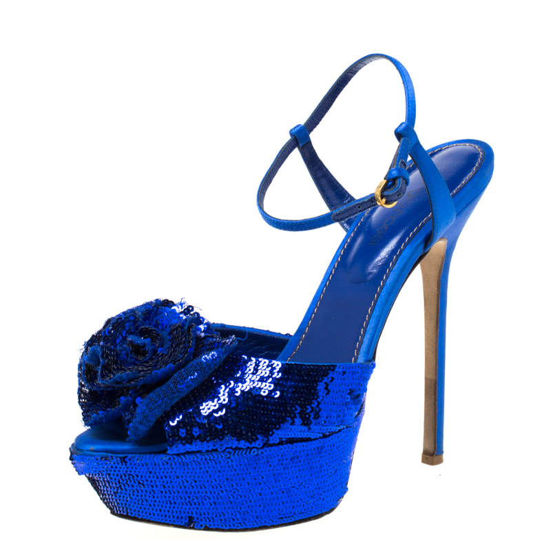 Sergio Rossi Blue Sequin Embellished Ankle Strap Platform Sandals Size 37.5