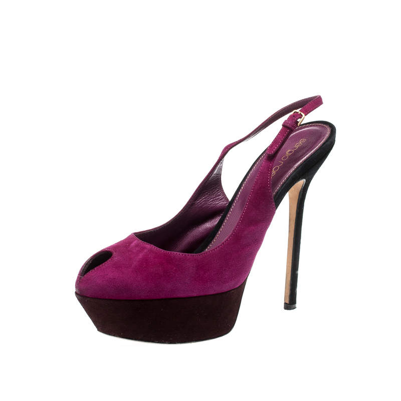 Pre Owned Sergio Rossi Purple Suede Cachet Peep Toe Platform Slingback Sandals Size 38.5