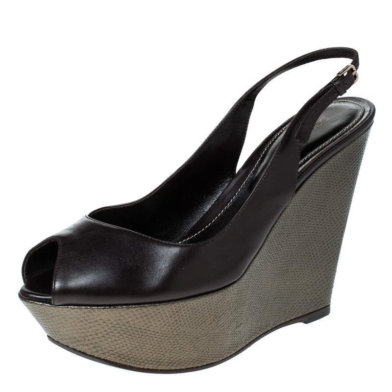 Pre Owned Sergio Rossi Black Leather Slingback Wedge Platform Sandals Size 37.5