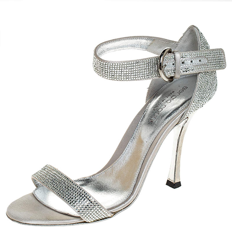 Pre Owned Sergio Rossi Grey Crystal Embellished Satin Open Toe Ankle Strap Sandals Size 36