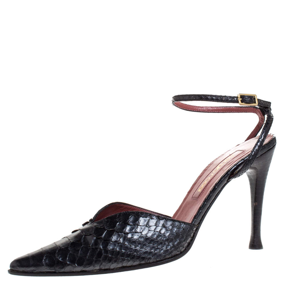 Pre Owned صندل سيرجيو روسي جلد ثعبان أسود مقدمة مدببة بحزام للكاحل مقاس 38.5