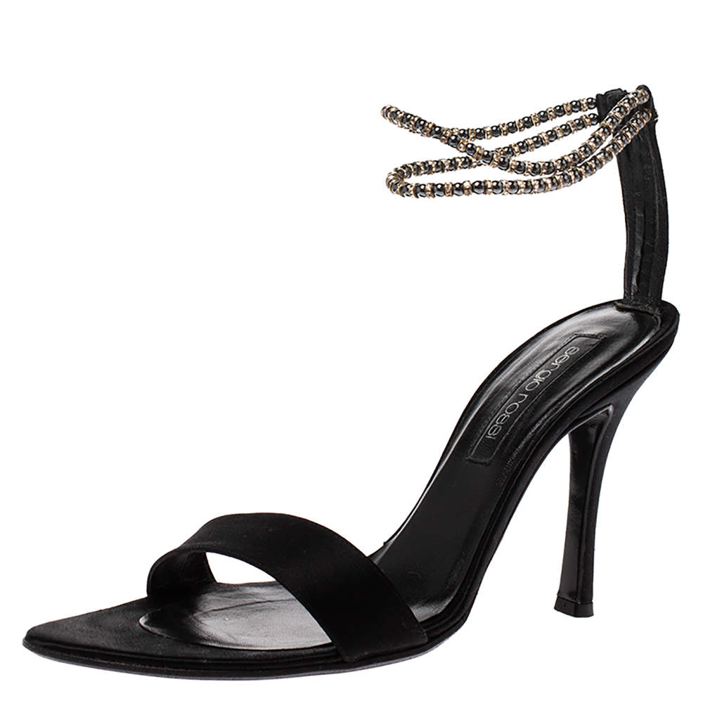 Sergio Rossi Black Satin Beaded Ankle Strap Sandals Size 39.5