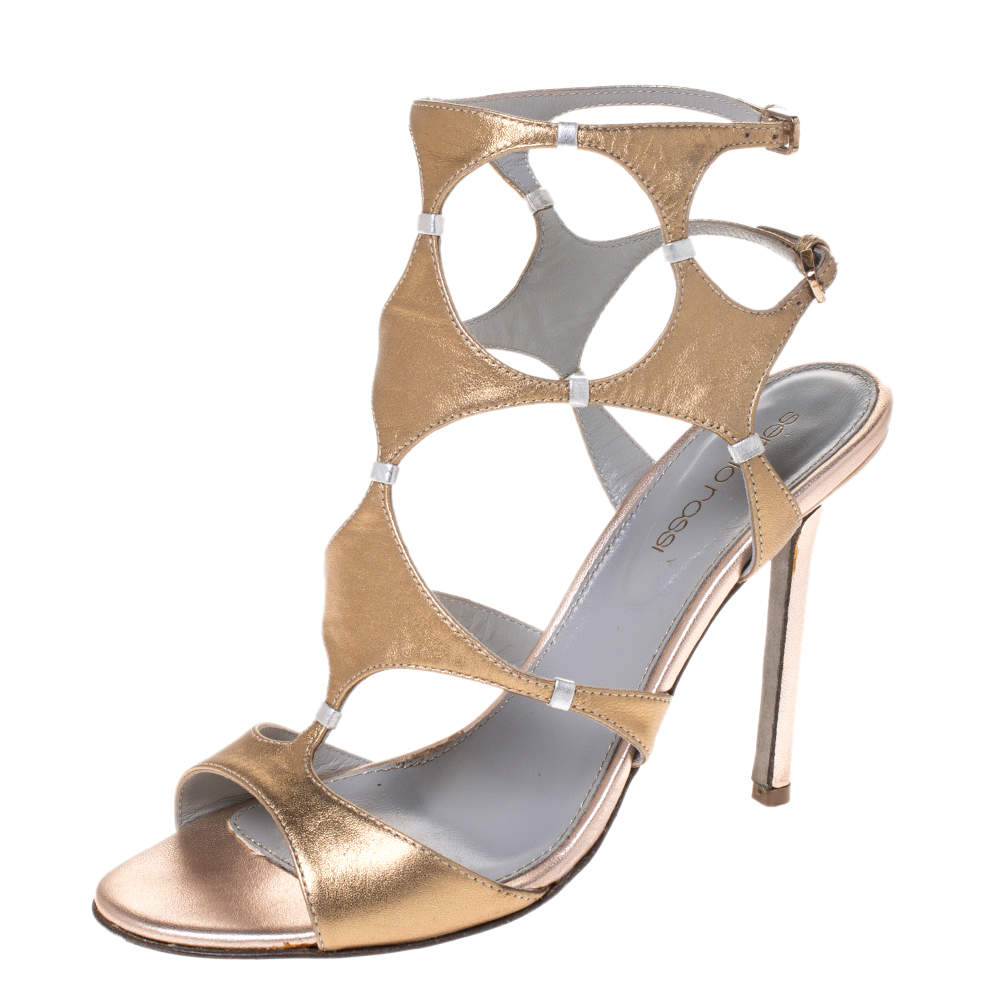 مملوكة مسبقًا Sergio Rossi Metallic Gold Leather Ankle Strap Sandals Size 37