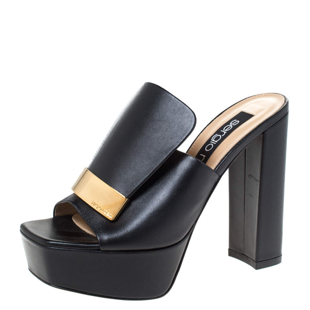 Pre Owned Sergio Rossi Black Leather SR1 Platform Slide Mules Size 36