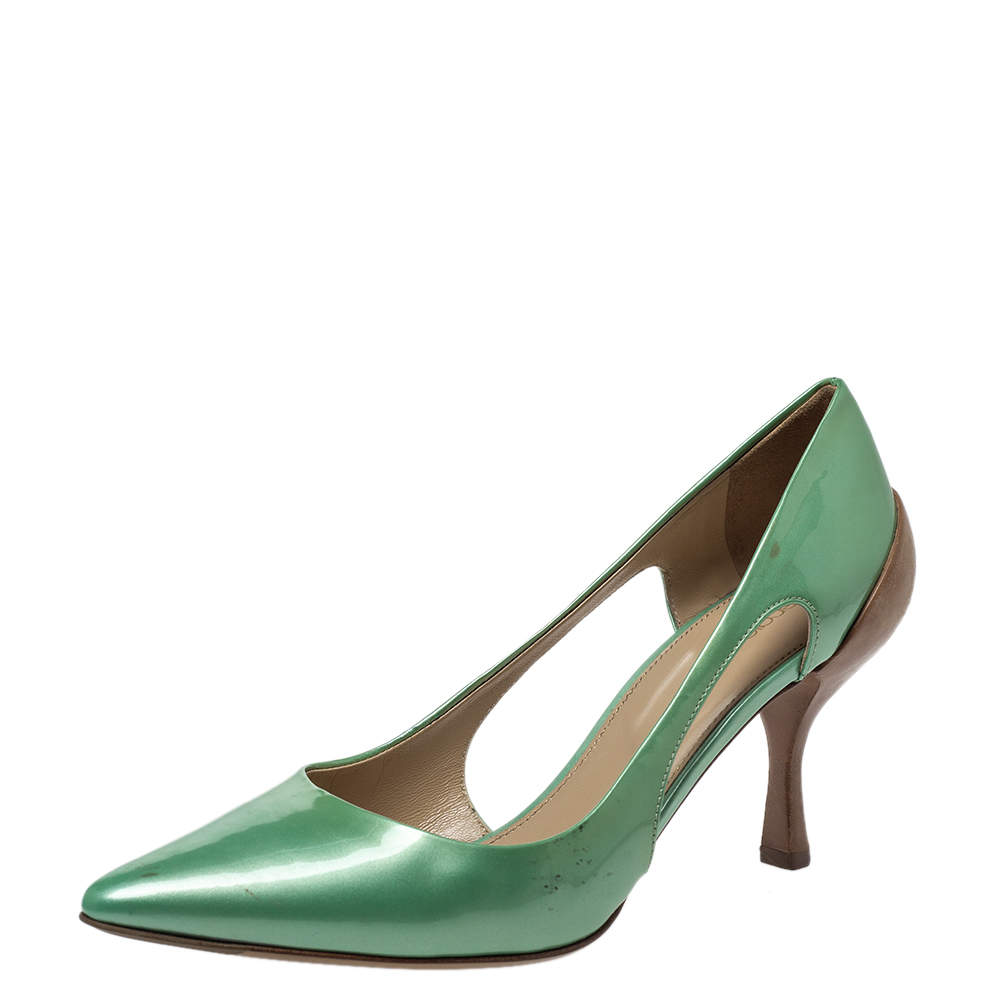 مملوكة مسبقًا Sergio Rossi Green Patent And Brown Leather Cut Out Pumps Size 38