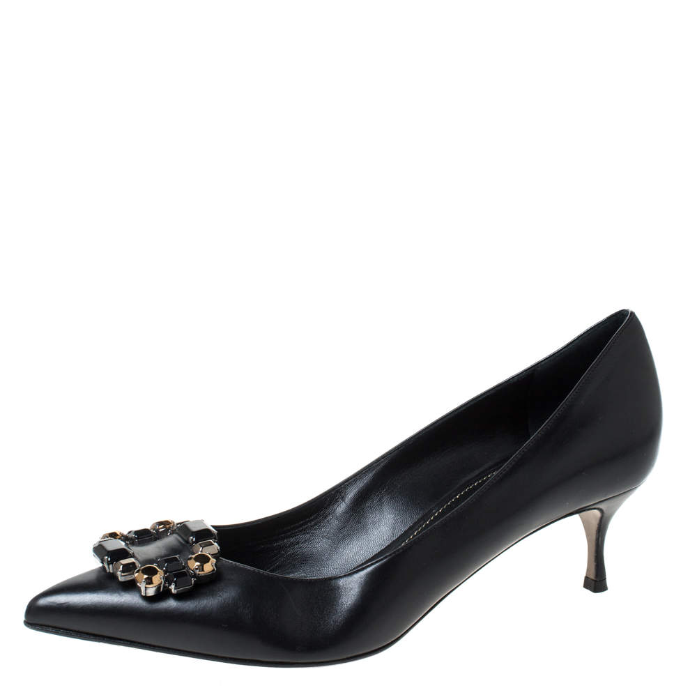 Pre Owned Sergio Rossi Black Leather Crystal Embellished Pointed Toe Pumps Size 40