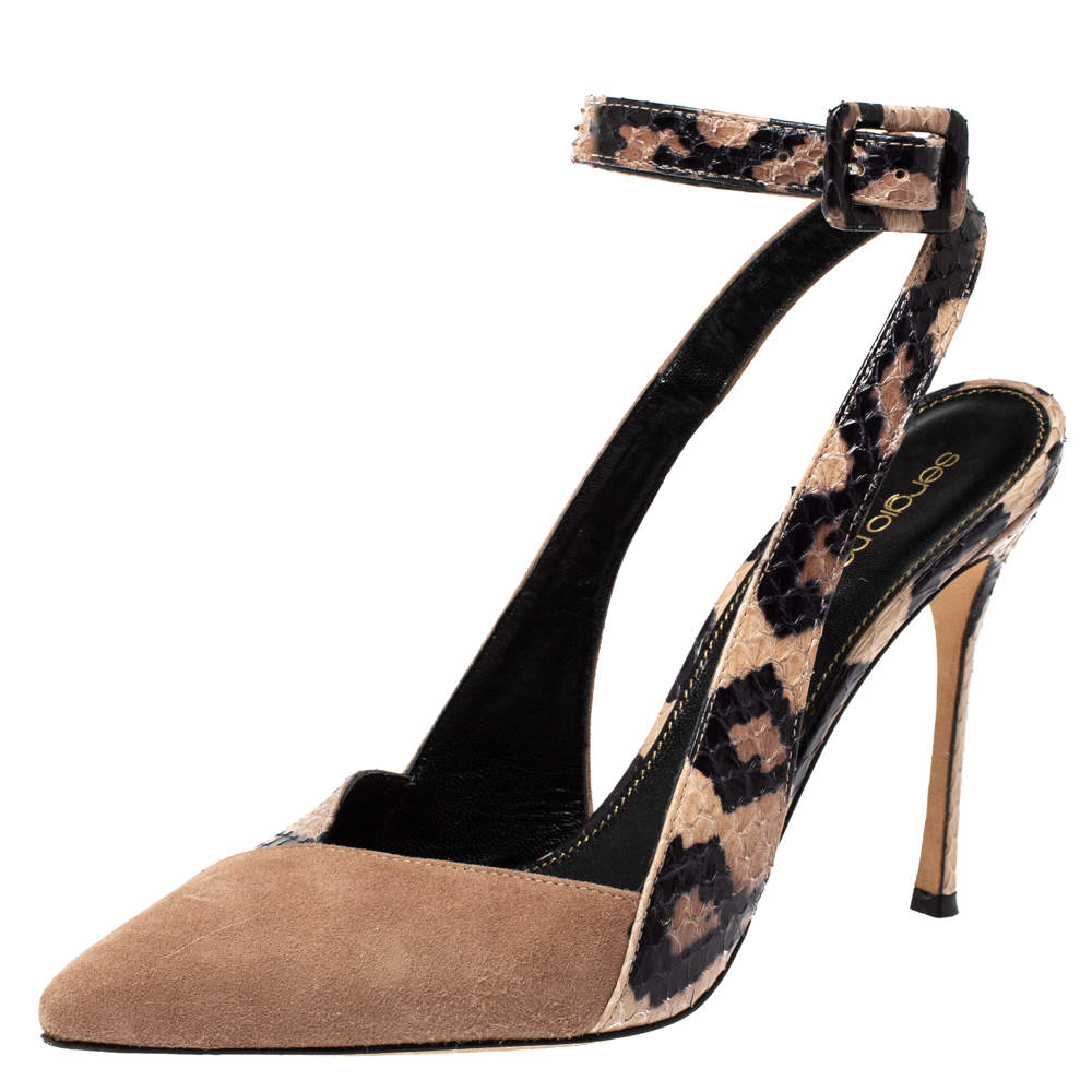مملوكة مسبقًا Sergio Rossi Beige/Black Suede And Python Pointed Toe Ankle Wrap Sandals Size 38