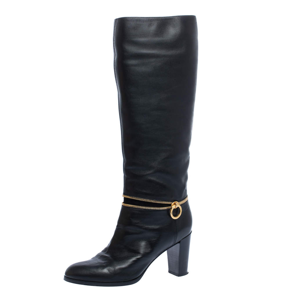 Sergio Rossi Black Leather Zip Detail Knee High Block Heel Boots Size 38