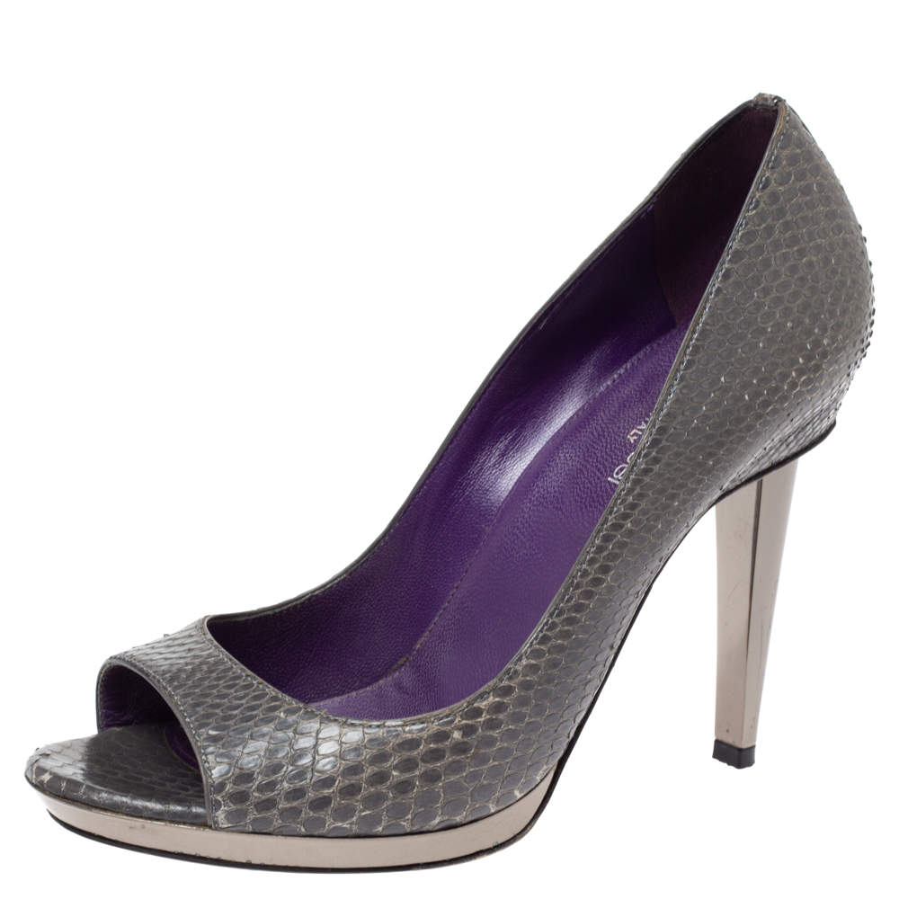 Pre Owned Sergio Rossi Grey Python Peep Toe Platform Pumps Size 37