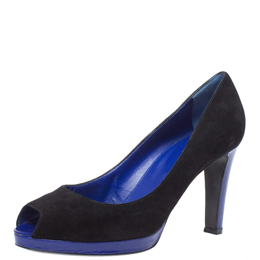 Pre Owned حذاء كعب عالي سيرجيو روسي نعل سميك مقدمة مفتوحة سويدي أسود  مقاس 36.5