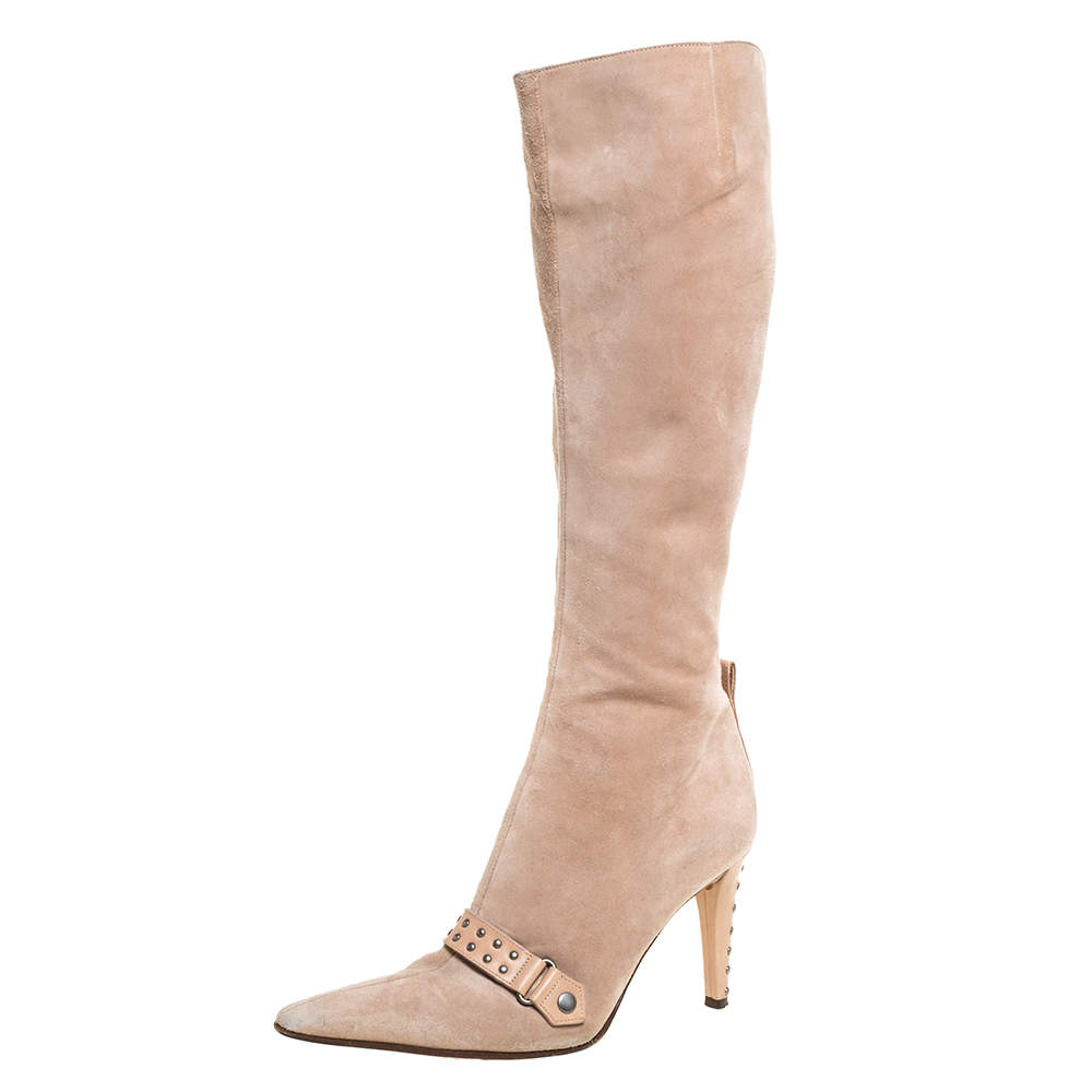Pre Owned Sergio Rossi Beige Suede And Leather Studded Detail Knee Length Boots Size 35.5
