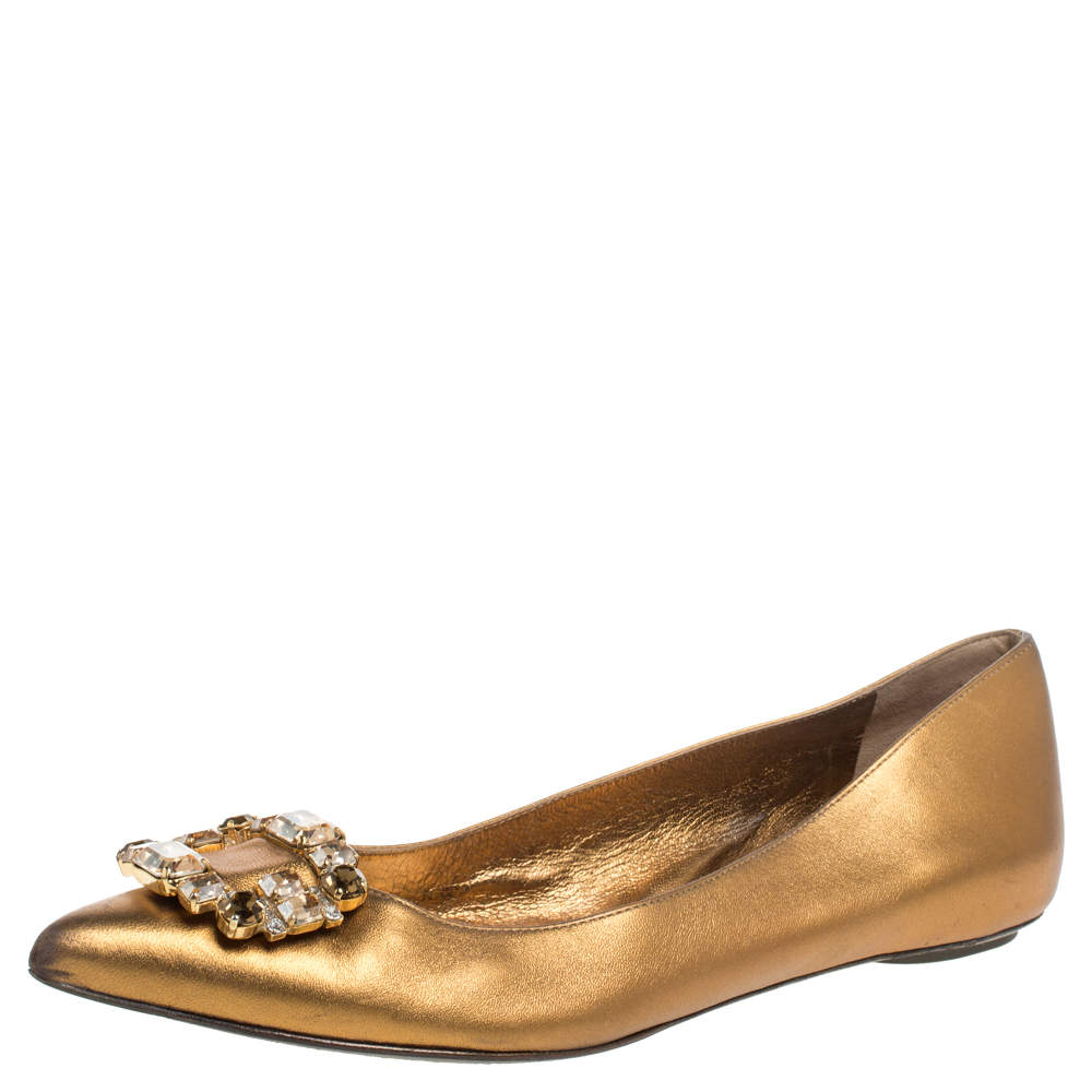 Pre Owned Sergio Rossi Gold Leather Crystal Embellished Ballet Flats Size 39