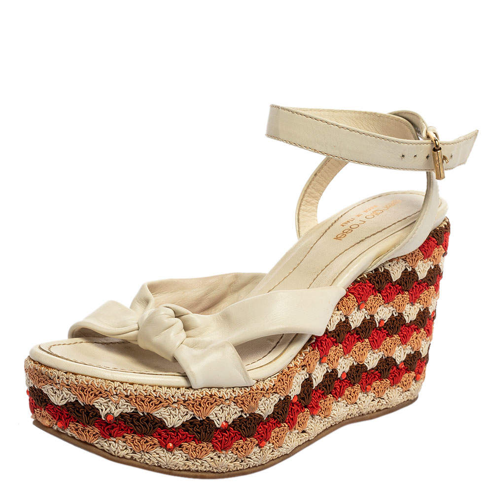 Pre Owned صندل سيرجيو روسى سيور كاحل عقدة نعل روكى سميك قماش وجلد أبيض مقاس 35.5