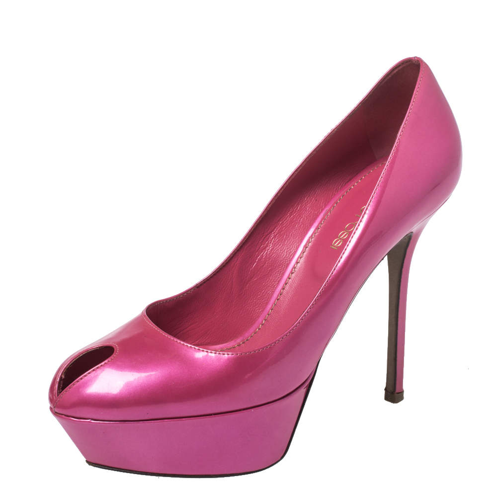 Sergio Rossi Pink Patent Leather Cachet Peep Toe Platform Pumps Size 37