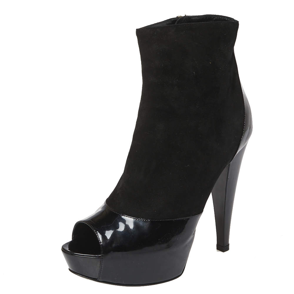 Pre Owned Sergio Rossi Black Patent And Suede Leather Baltimora Peep Toe Platform Ankle Boots Size 37.5