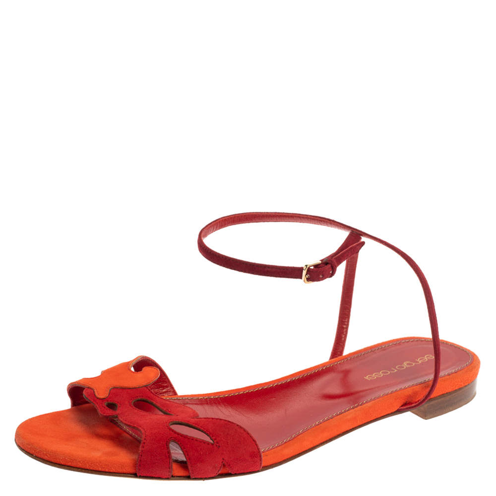 Sergio Rossi Orange/Red Suede Leather Ankle Wrap Flats Size 40