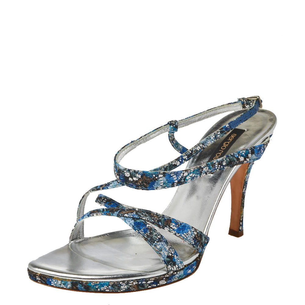 Sergio Rossi Blue Glittered Fabric Strappy Sandals Size 40