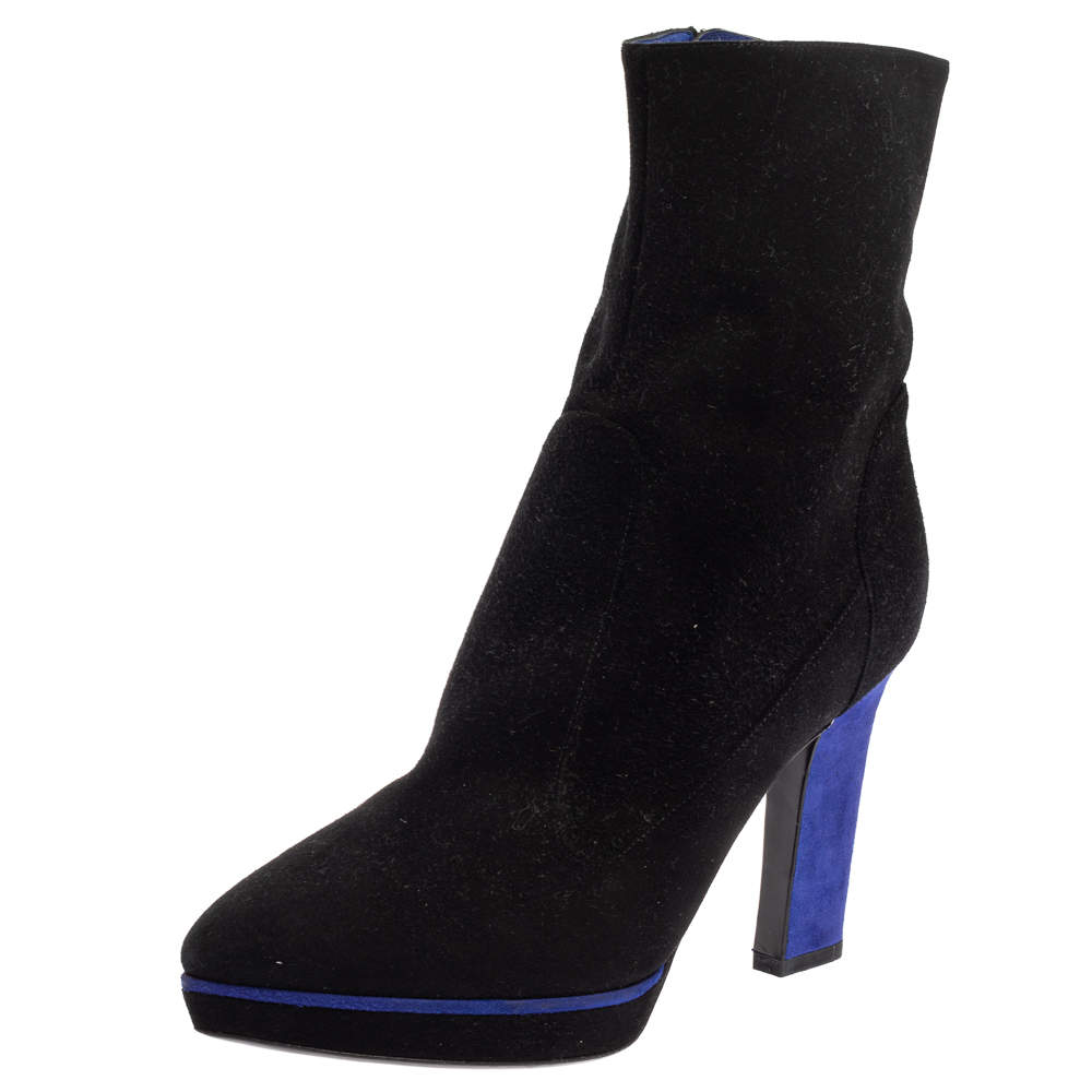 Pre Owned Sergio Rossi Black/Blue Suede Zipped Ankle Boots Size 40.5