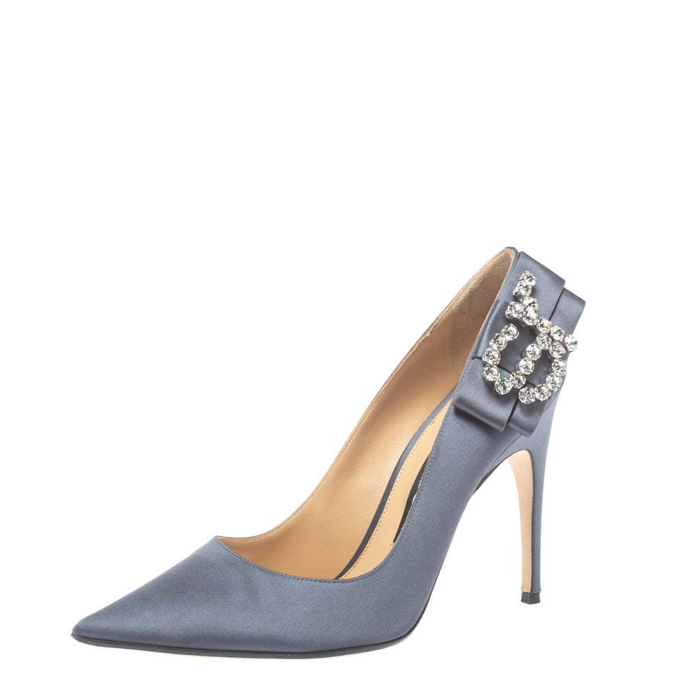 Sergio Rossi Grey Satin Icona Embellished Pointed Toe Pumps Size