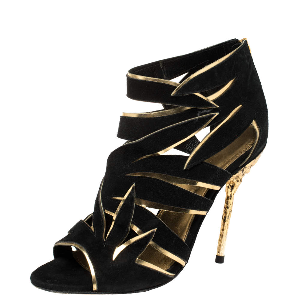 Pre Owned Sergio Rossi Black/Gold Suede Leather Cutout Open Toe Ankle Booties Size 37