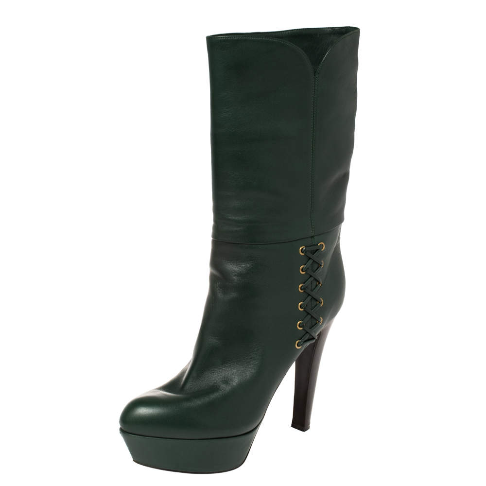 Sergio Rossi Green Leather Mid Calf Platform Boots Size 38.5
