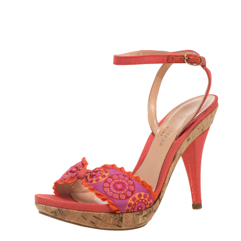 Pre Owned Sergio Rossi Orange Embroidered Strap Sandals Size 37.5