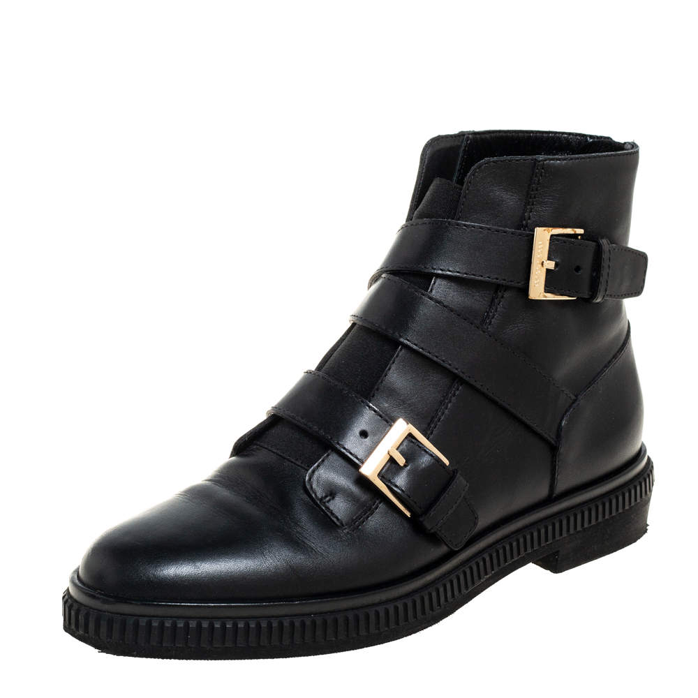 Pre Owned Sergio Rossi Black Leather Seattle Buckle Ankle Boots Size 36