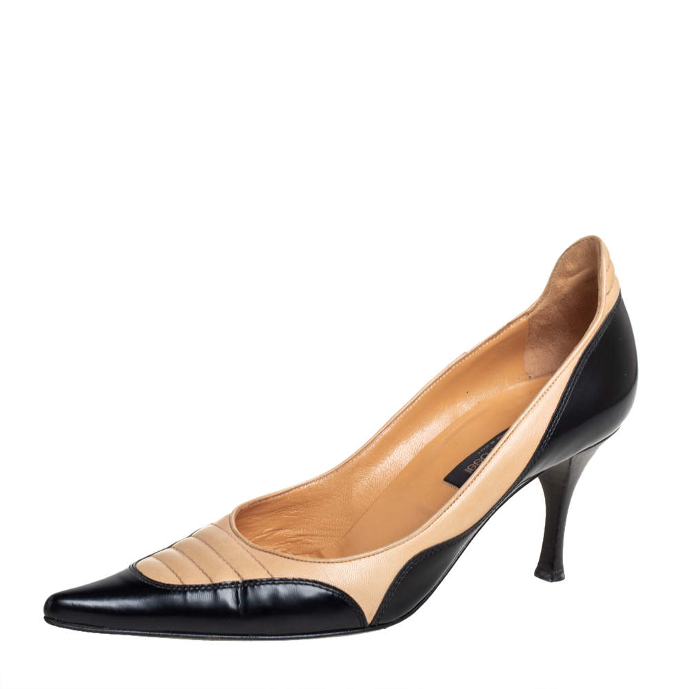 Pre Owned حذاء كعب عالي سيرجيو روسي جلد أسود/بيج مقدمة مدببة مقاس 38