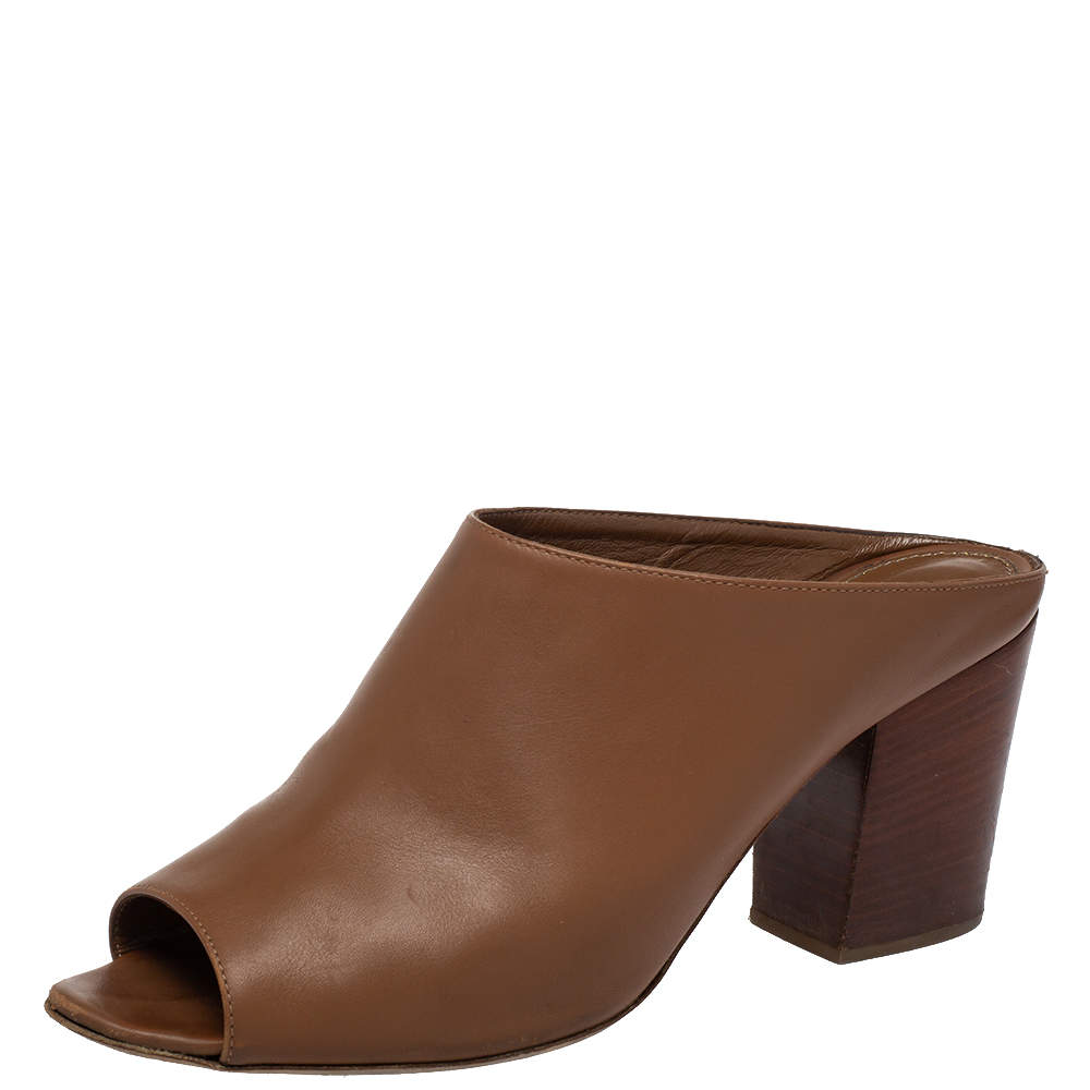 Pre Owned Sergio Rossi Brown Leather Block Heel Peep Toe Slide Sandals Size 40