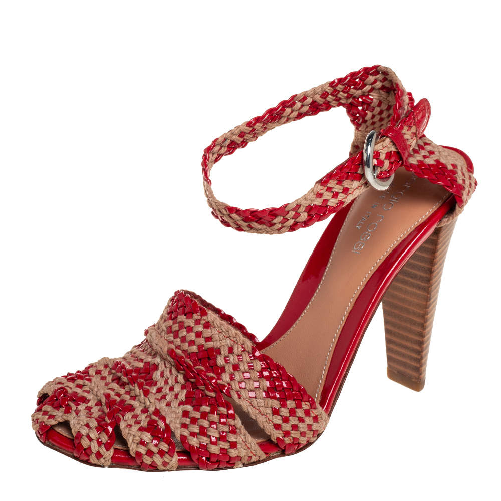 مملوكة مسبقًا Sergio Rossi Beige/Red Woven Patent Leather and Raffia Ankle Strap Sandals Size 35