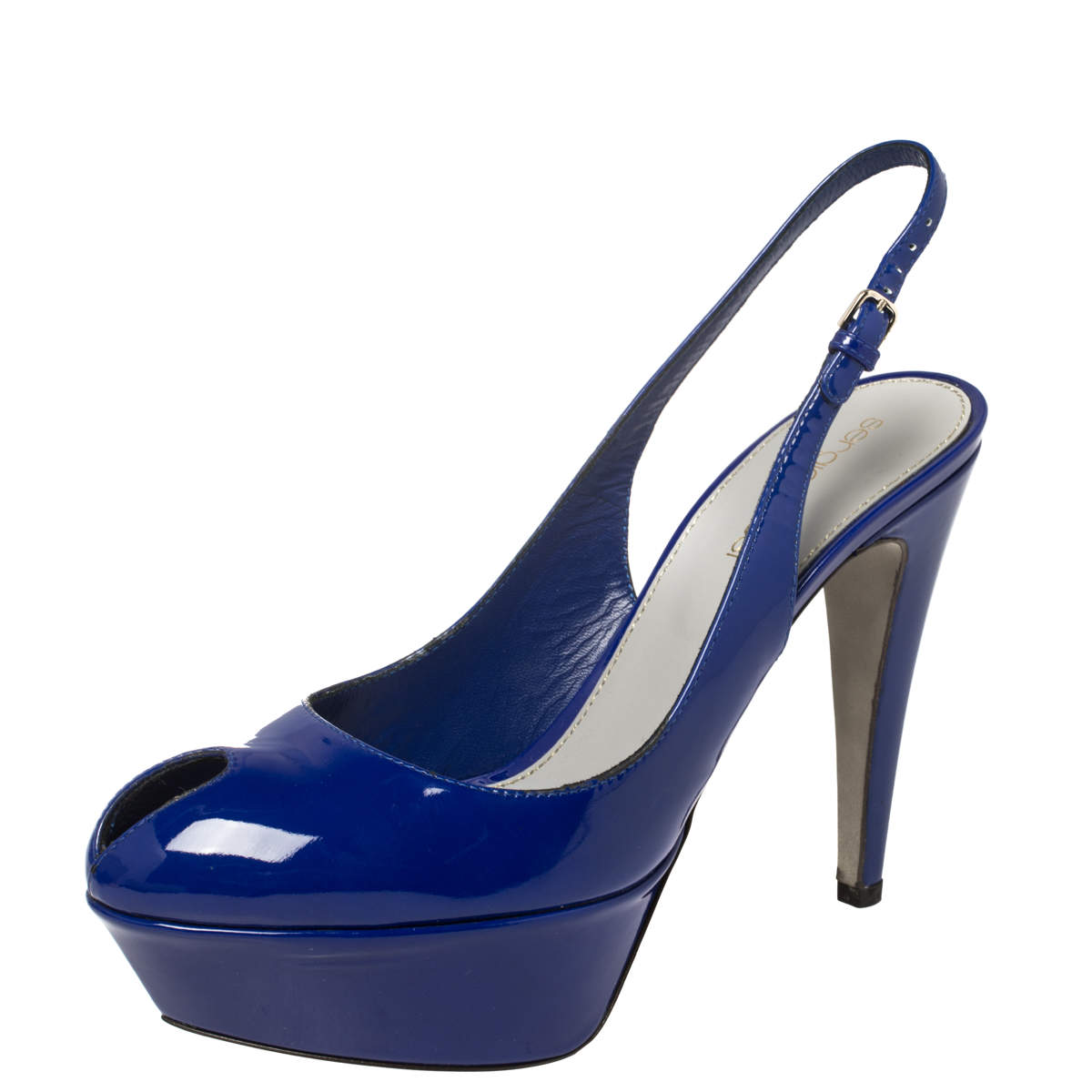 Pre Owned Sergio Rossi Blue Patent Leather Platform Slingback Peep Toe Sandals Size 36.5