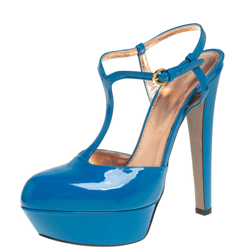 مملوكة مسبقًا Sergio Rossi Blue Patent Leather T-Strap Platform Sandals Size 39