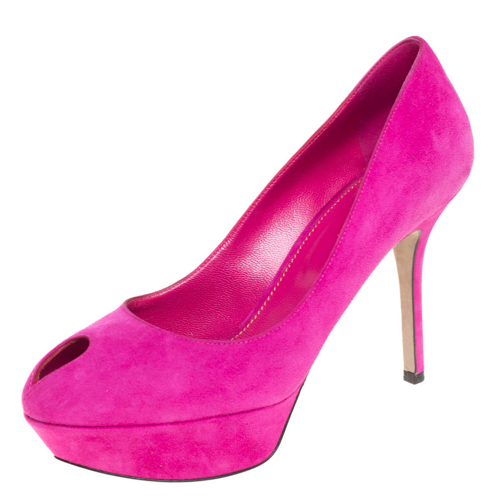 Pre Owned Sergio Rossi Magenta Suede Peep Toe Platform Pumps Size 38.5