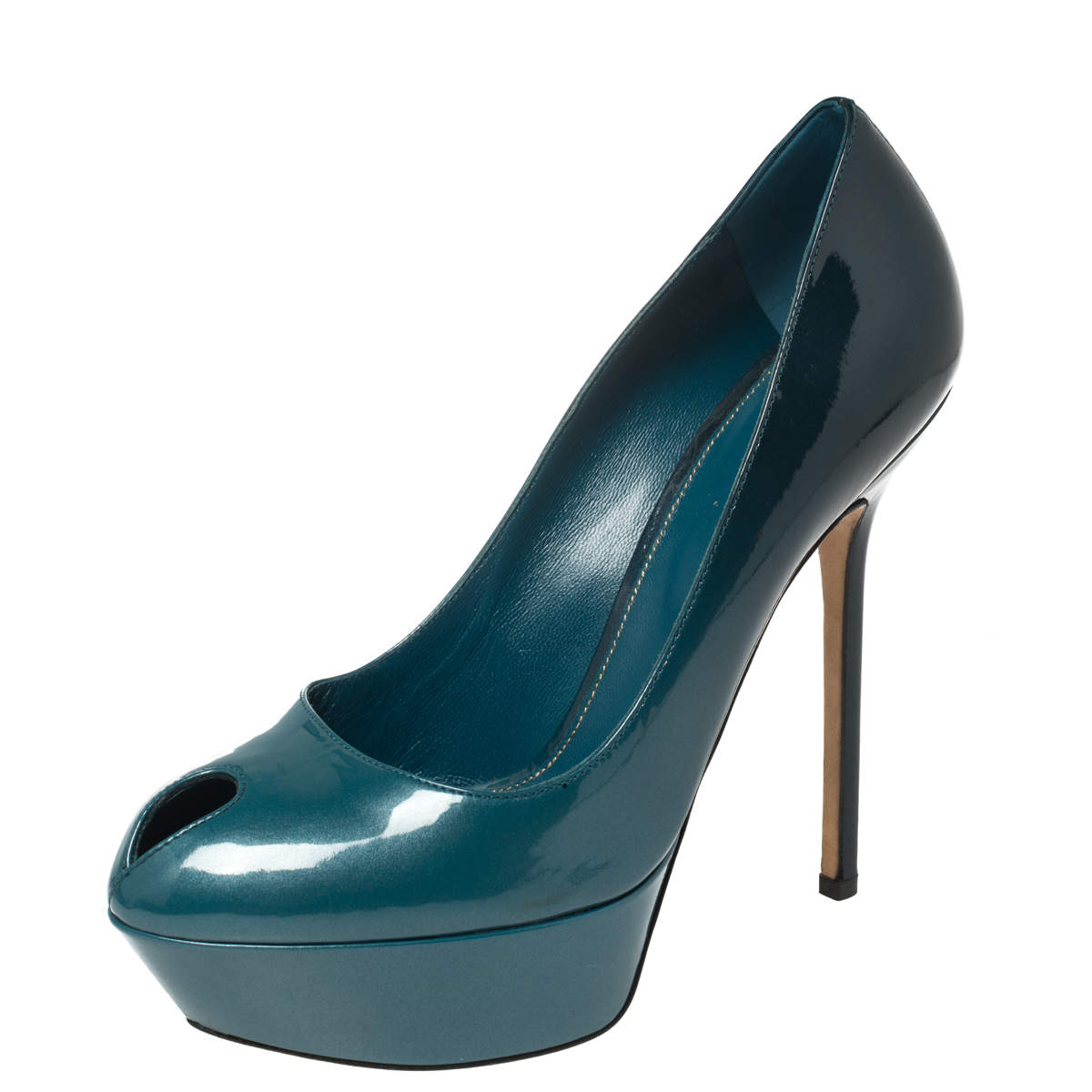Pre Owned Sergio Rossi Blue Patent Leather Peep Toe Platform Pumps Size 39