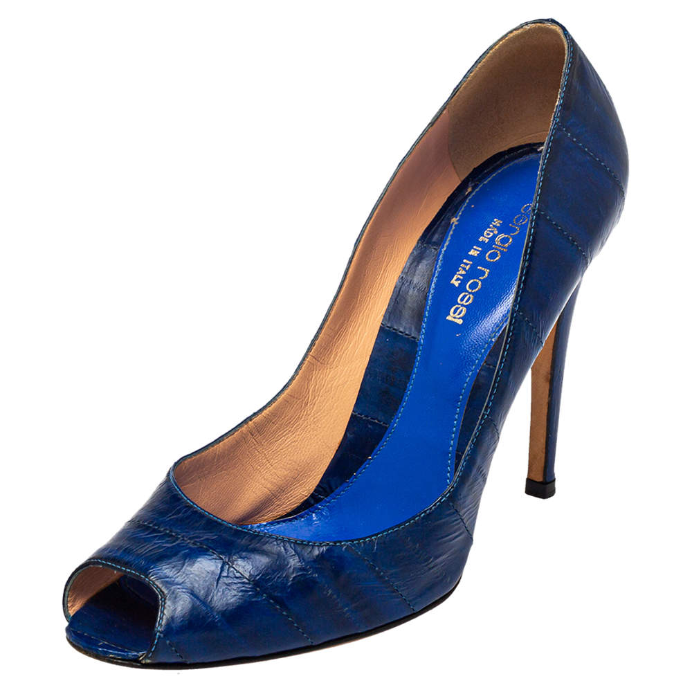 Sergio Rossi Blue Eel Leather Peep Toe Pumps Size 39.5