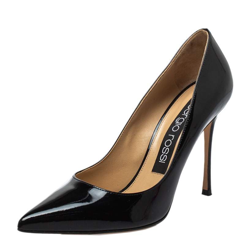 Sergio Rossi Black Patent Leather Pointed-Toe Pumps Size 37.5